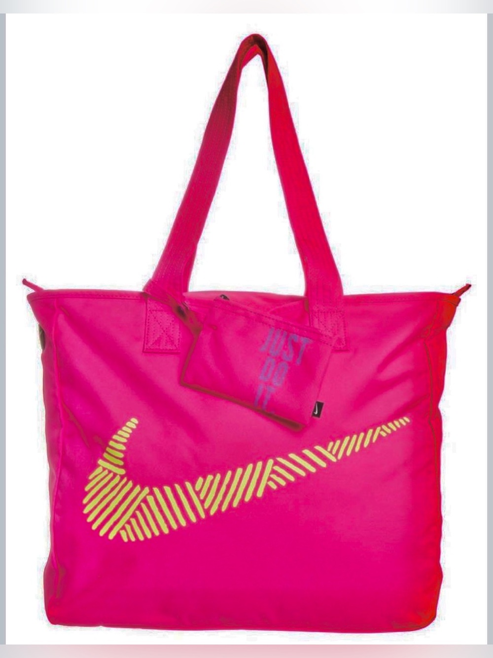 Nike Pink Tote Gym Bag Yellow Big Neon Yellow Swoosh Logo & Zip Pouch Wallet